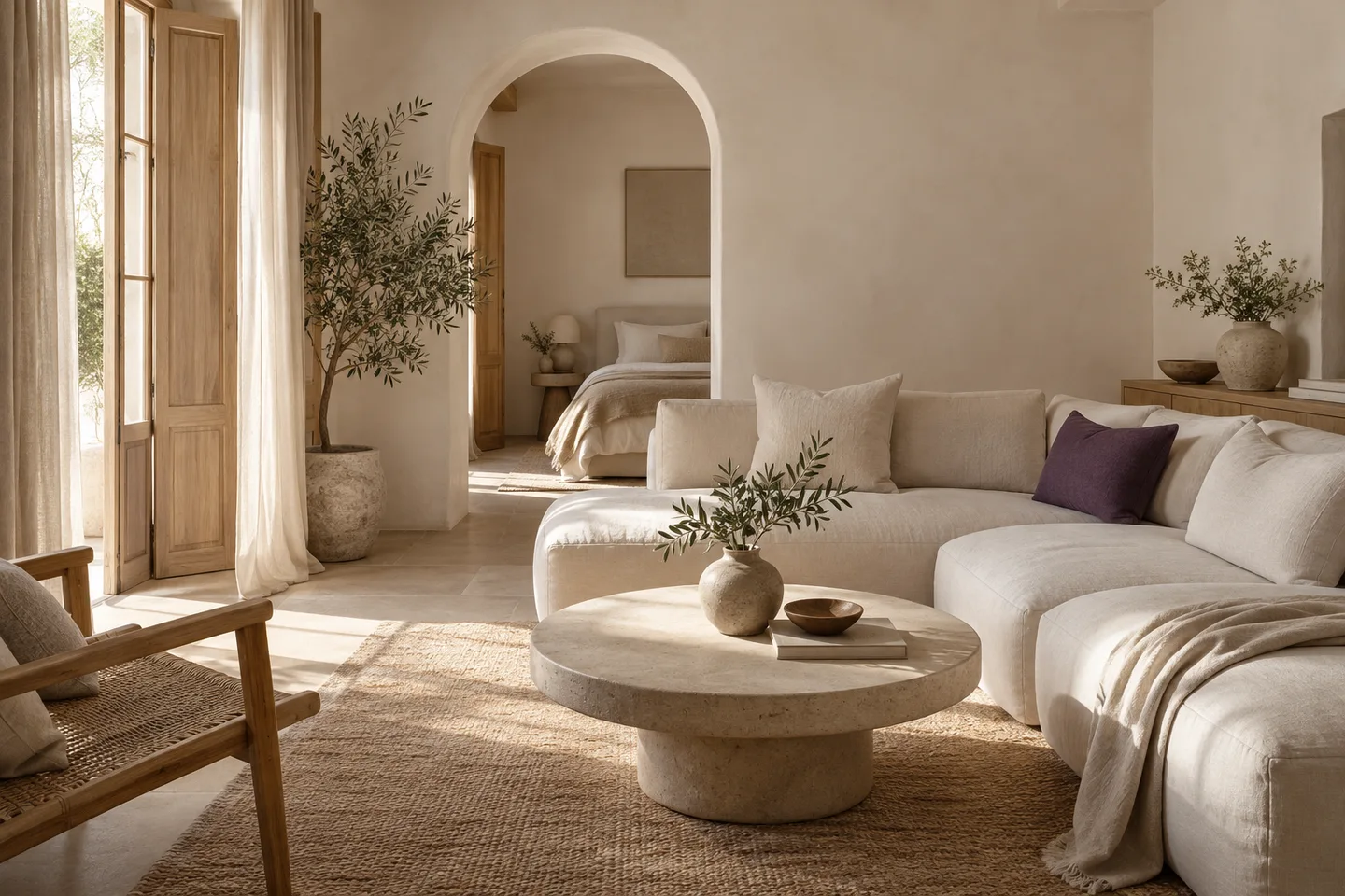 Living room in warm neutral tones with an archway and natural light
